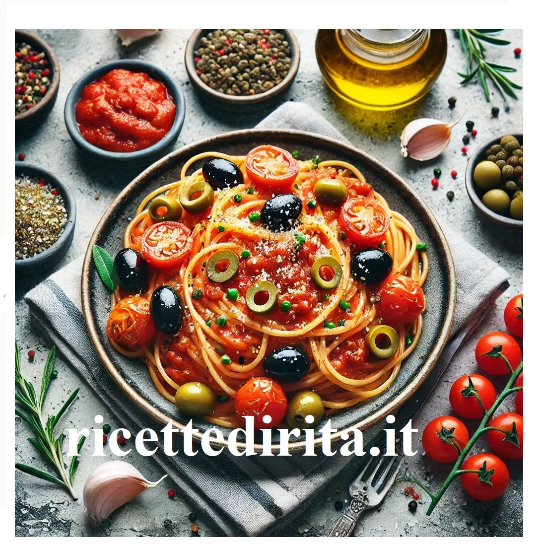 Spaghetti con olive e capperi