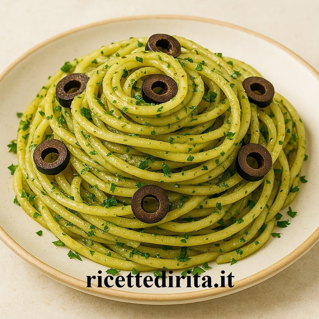 Spaghetti con pesto di olive verdi